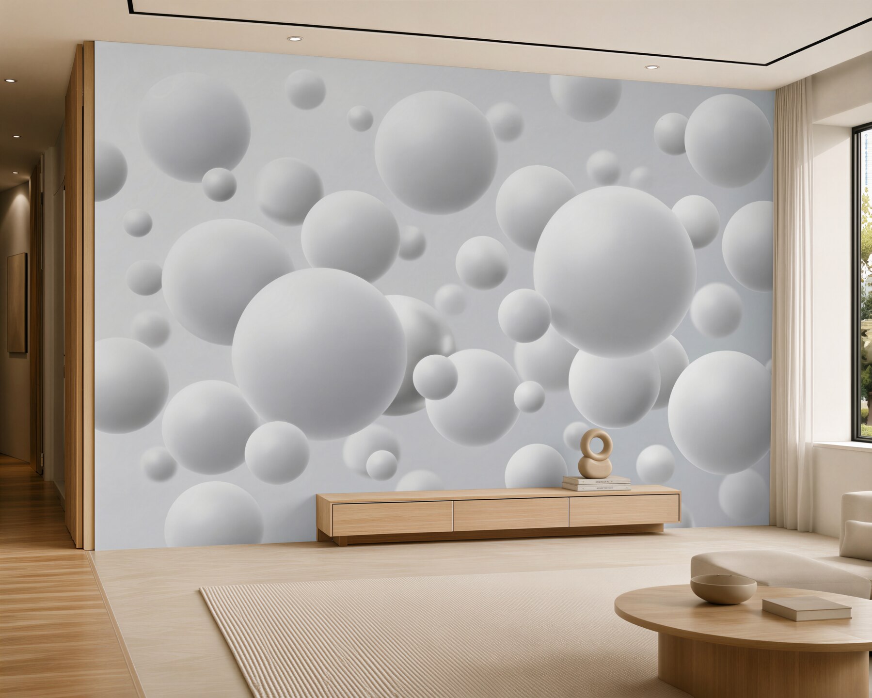 Papier peint boules blanches 3D abstraction minimaliste pour un intérieur moderne