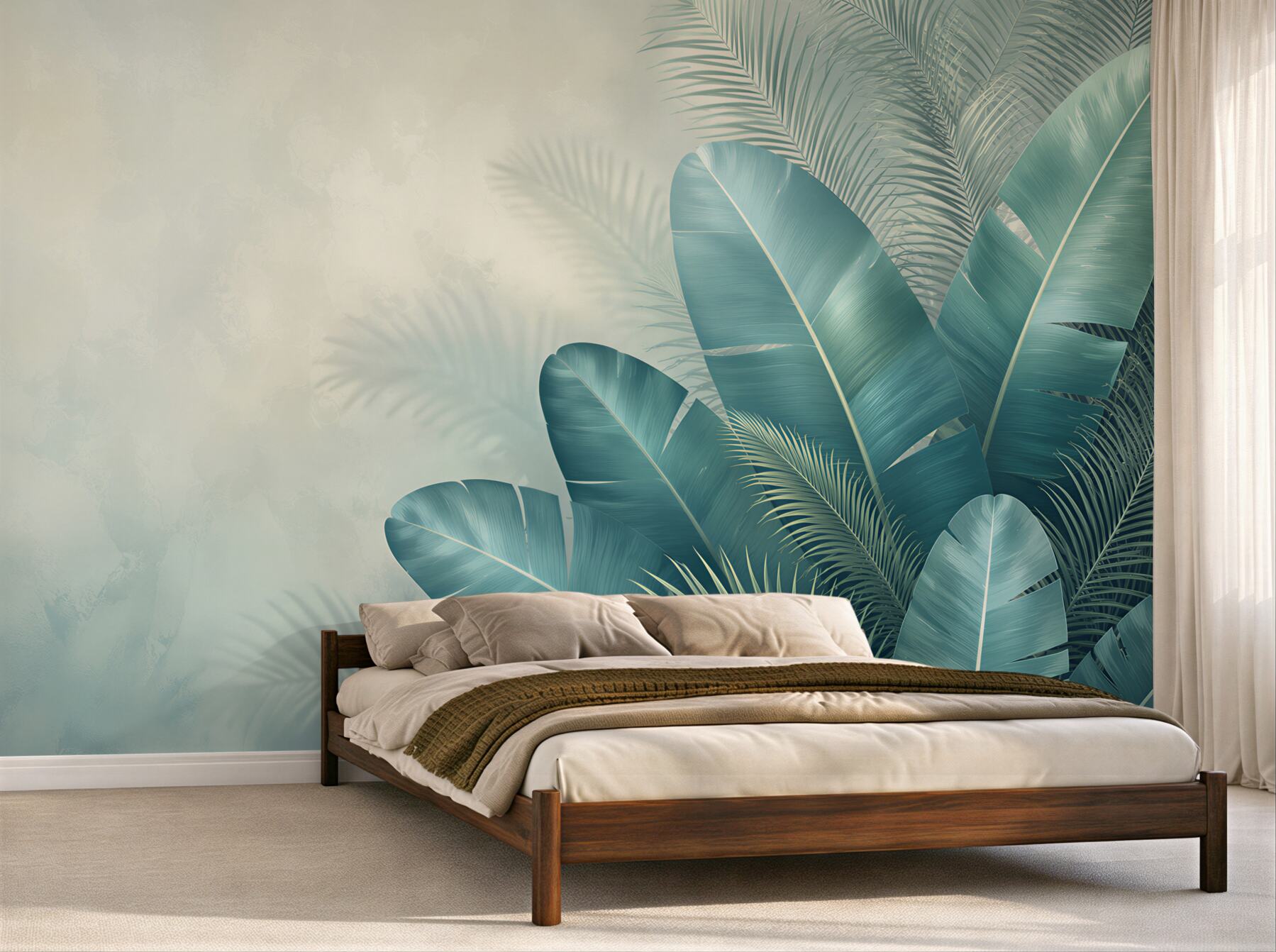 Papier peint feuilles tropicales vertes jungle subtile pour le salon