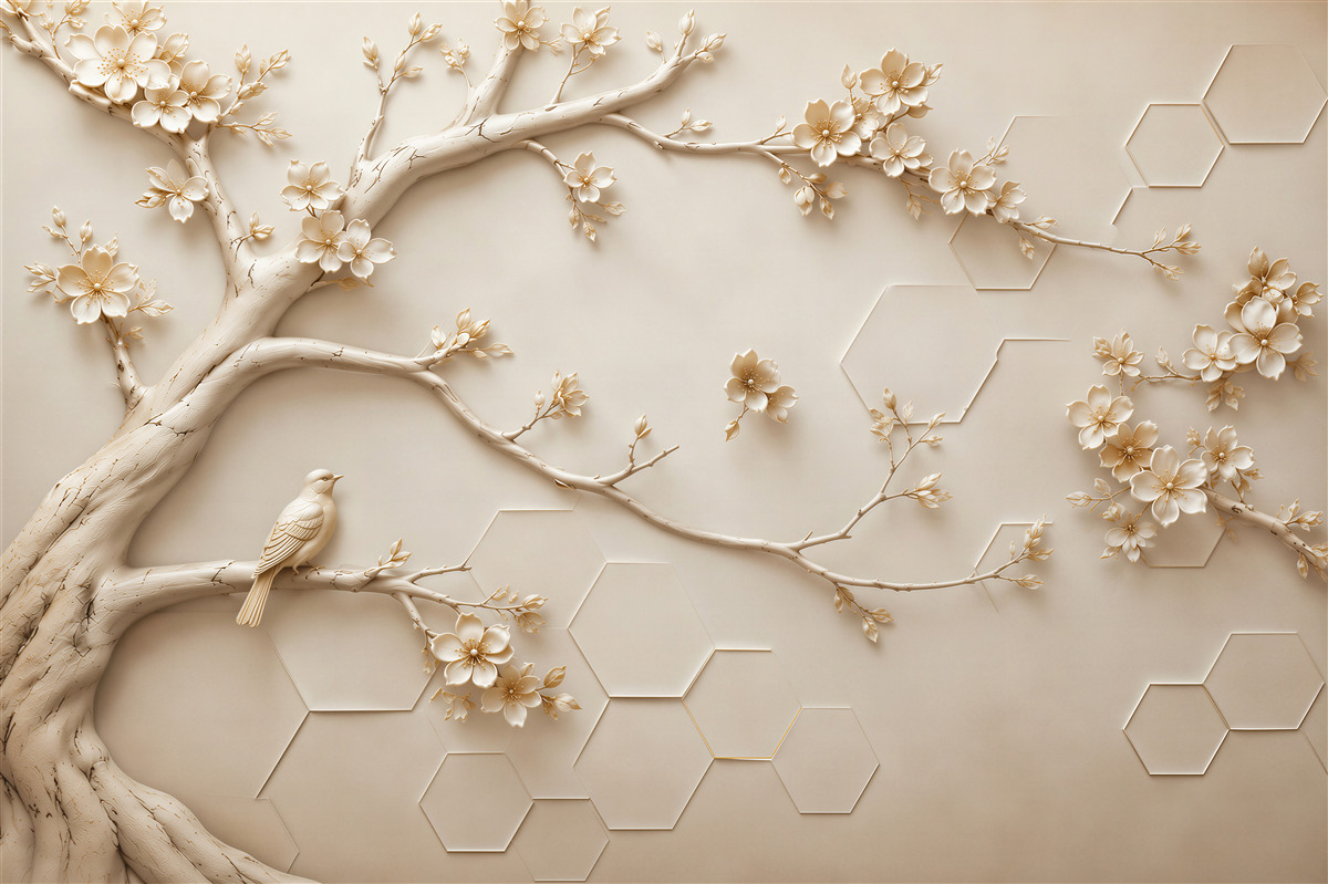 Papier peint arbre avec des fleurs et un oiseau beige élégant 3D