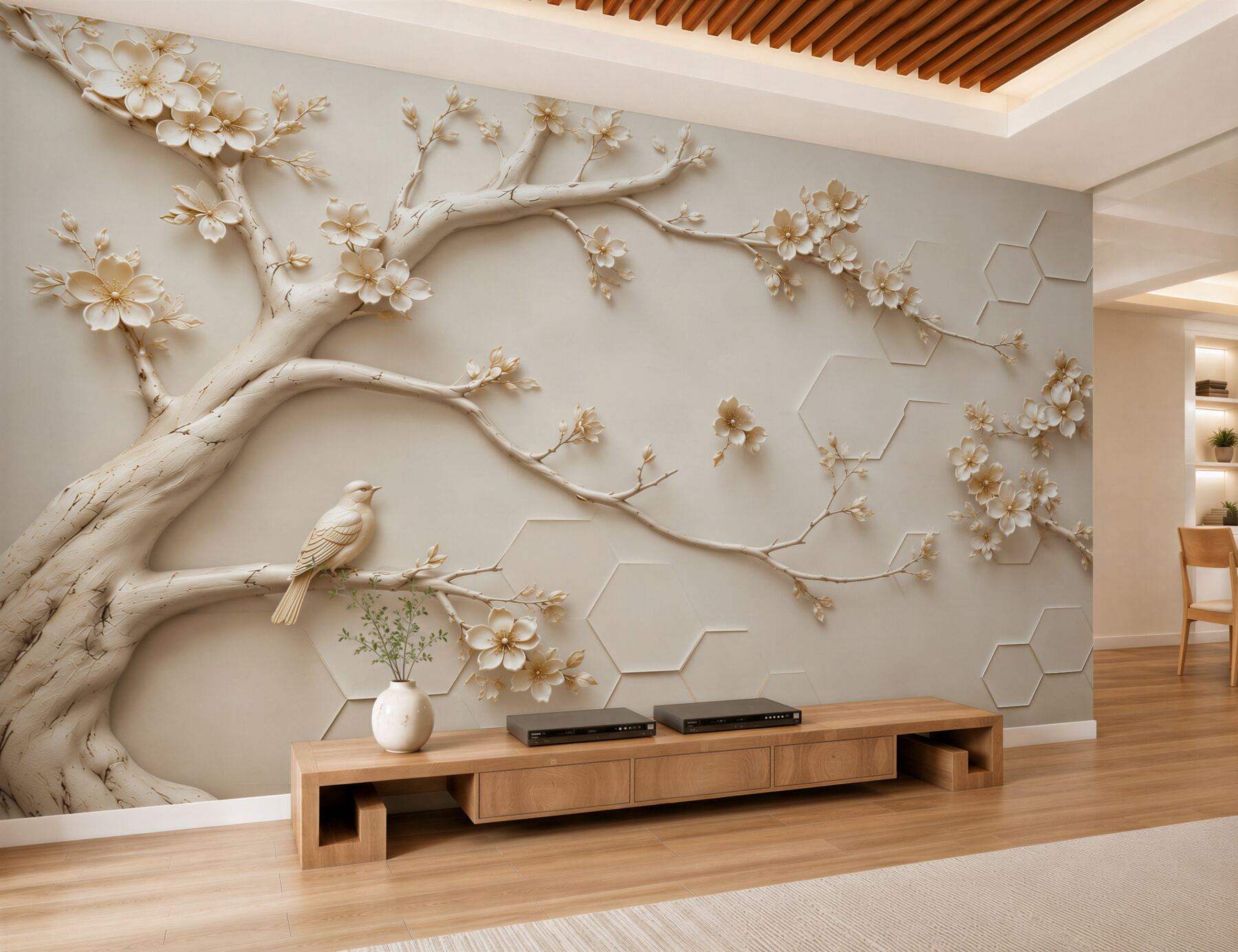 Papier peint arbre avec des fleurs et un oiseau beige élégant 3D