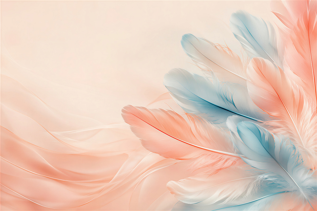 Papier peint plumes pastel rose et bleu délicates pour la chambre