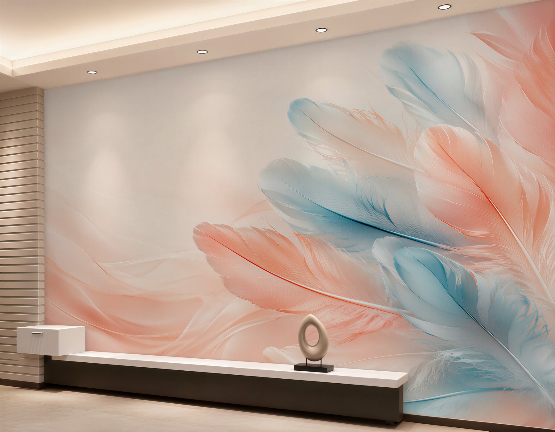Papier peint plumes pastel rose et bleu délicates pour la chambre