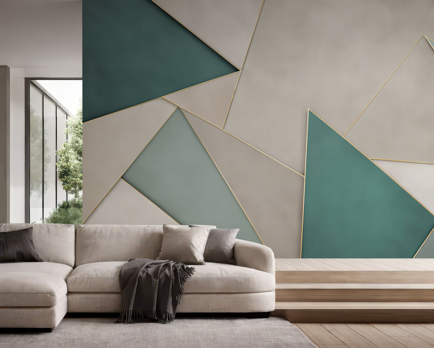 Papier peint triangles turquoises géométriques sur fond beige