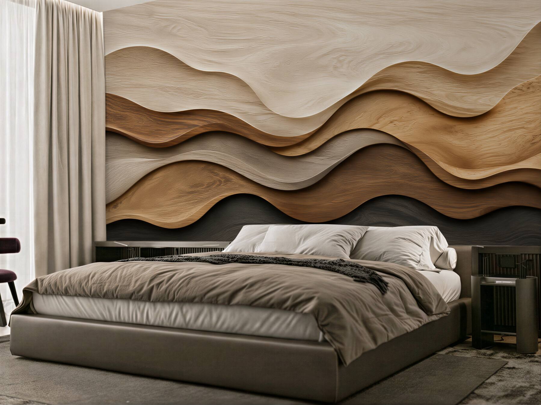 Papier peint vagues de bois 3D en beiges et bruns naturels