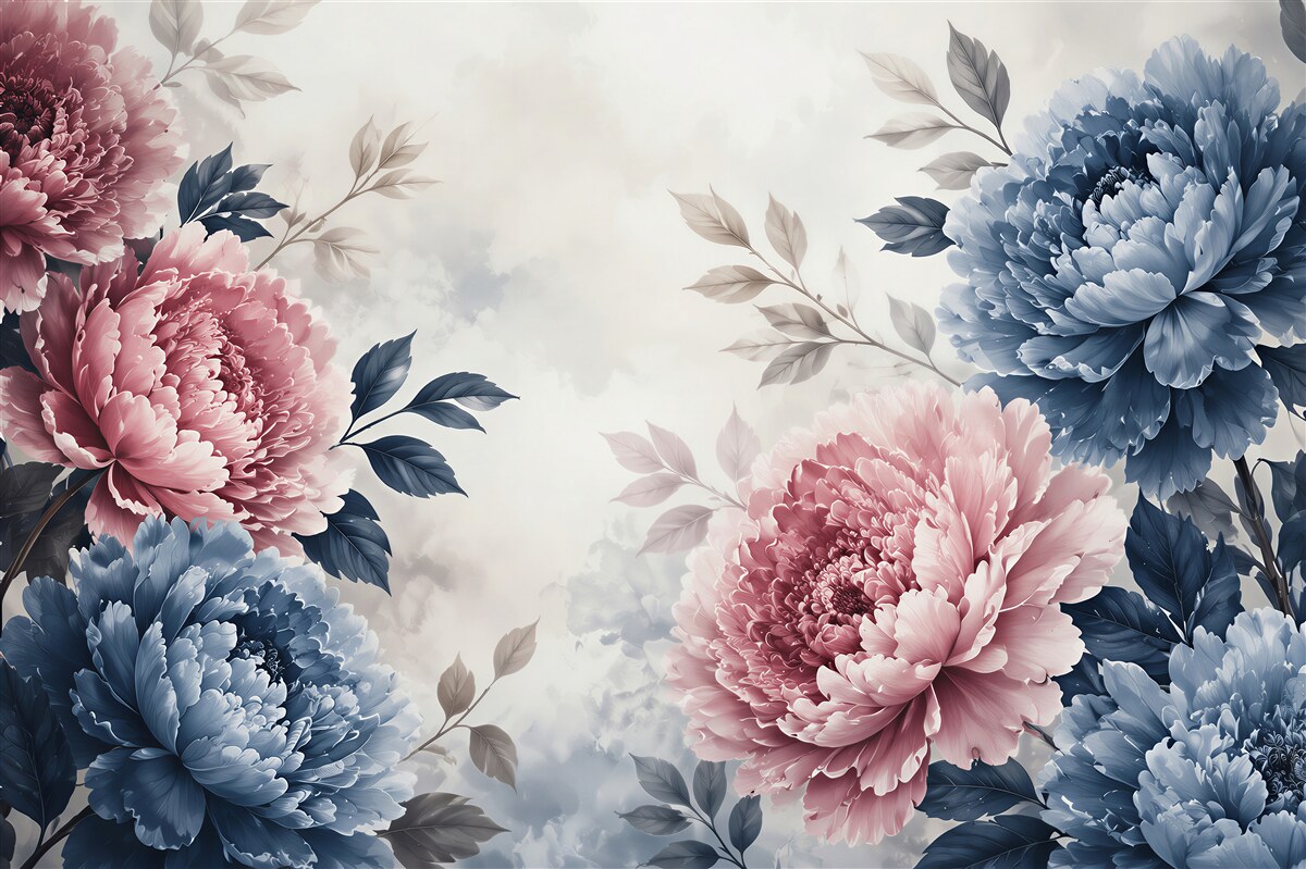 Papier peint pivoines roses et bleues composition florale romantique