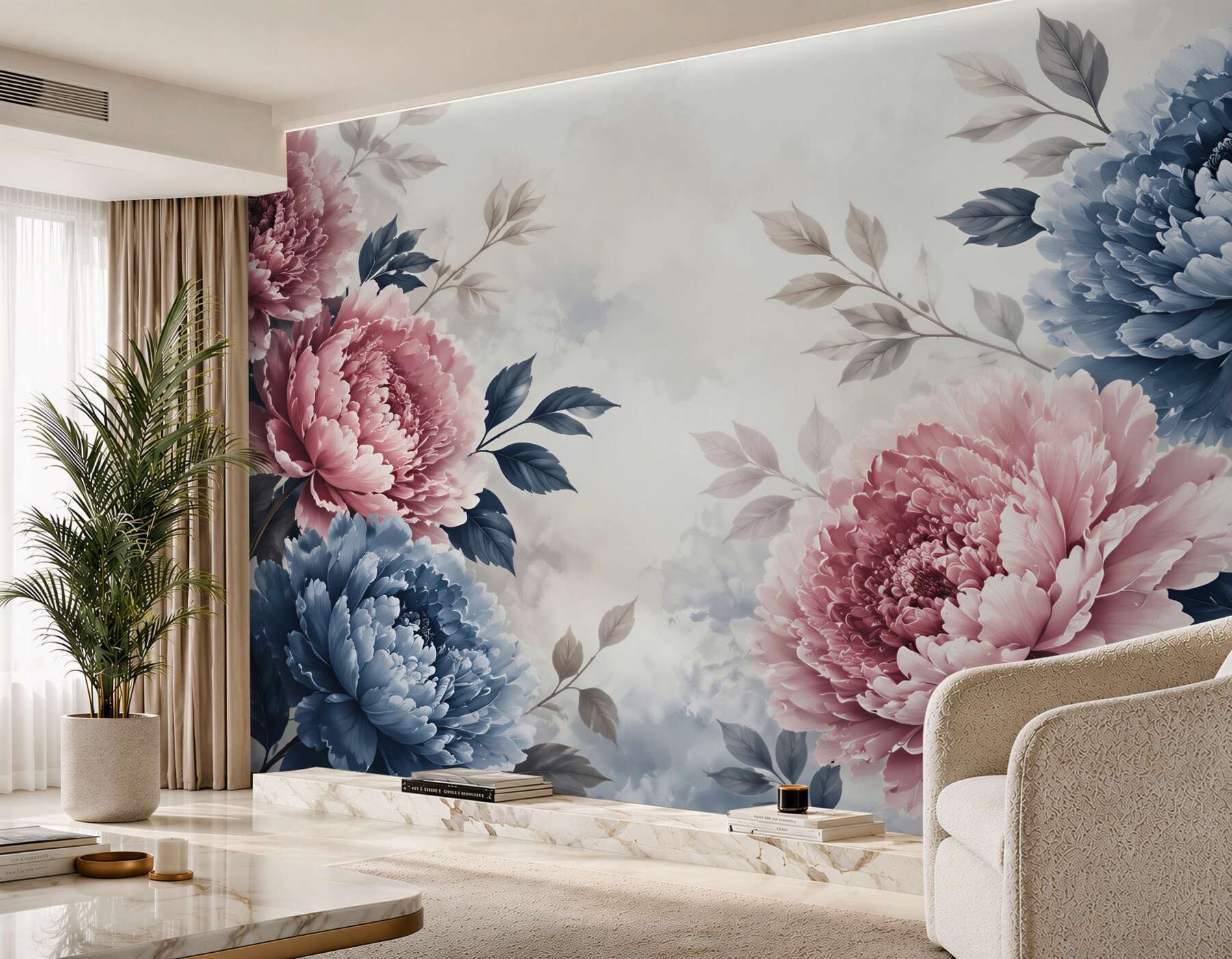 Papier peint pivoines roses et bleues composition florale romantique