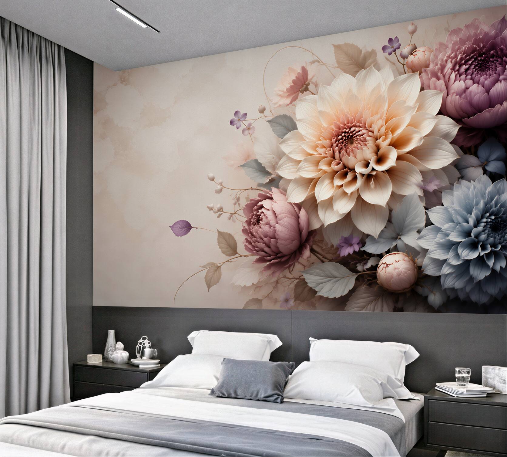Papier peint grandes dahlias pastel en beiges et violets élégants