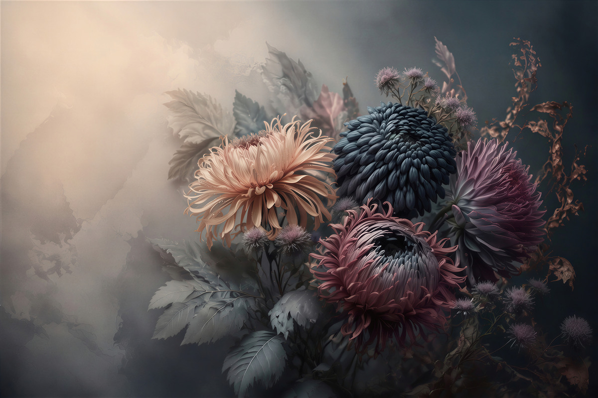 Papier peint chrysanthèmes sombres dans un style vintage sur fond graphite