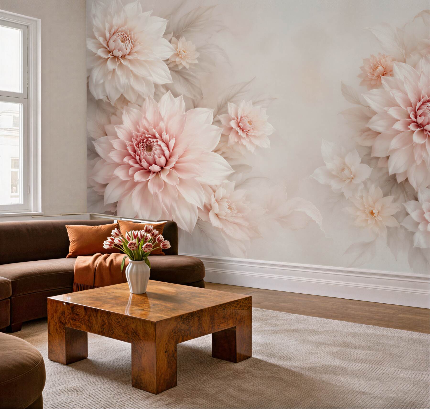 Papier peint dahlias clairs rose poudré sur fond crème