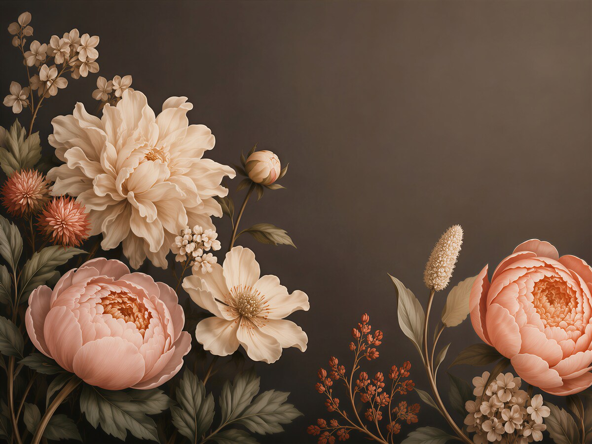 Papier peint pivoines fleurs beige et pêche sur fond sombre élégant