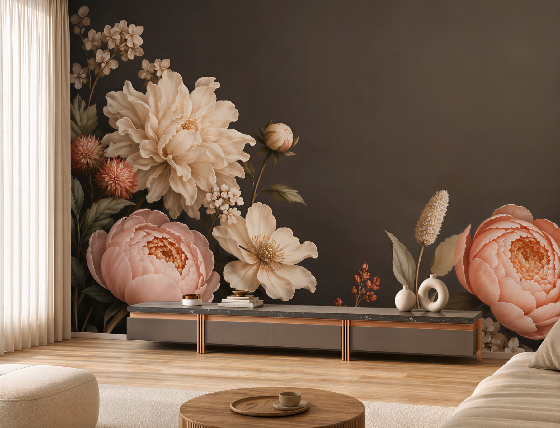 Papier peint pivoines fleurs beige et pêche sur fond sombre élégant