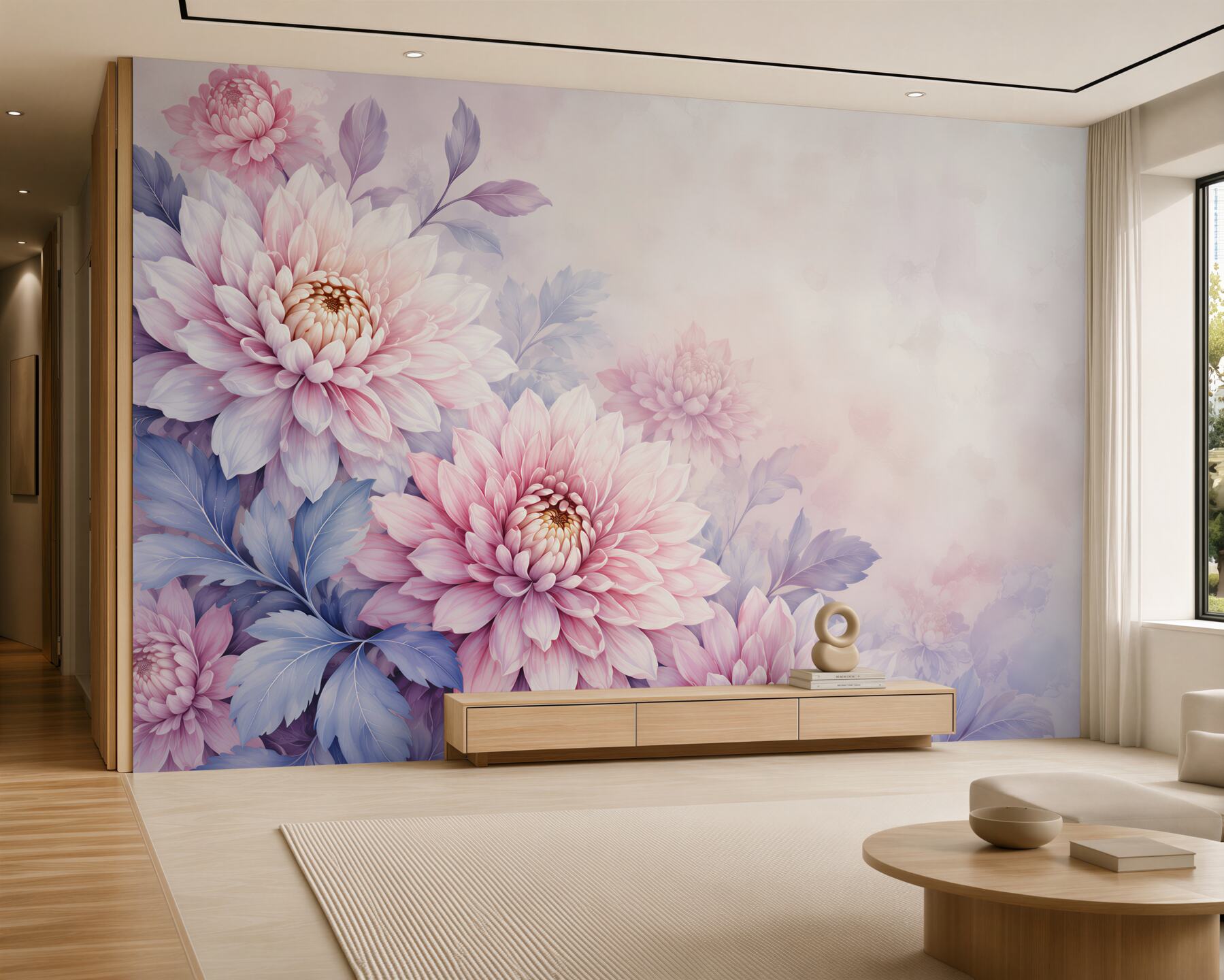 Papier peint dahlias pastel rose et lavande pour une chambre claire