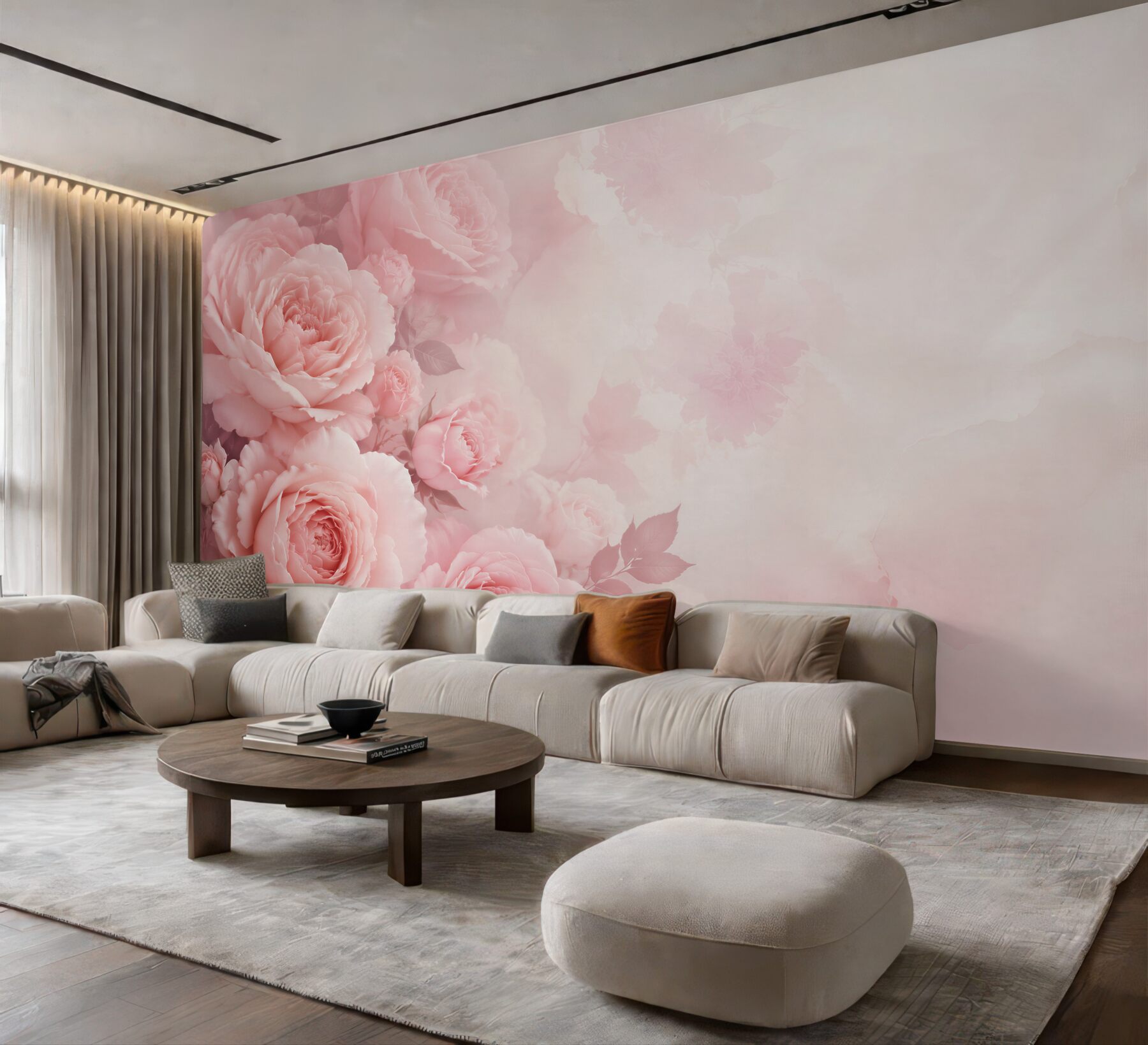Papier peint pivoines roses romantiques sur fond pastel clair