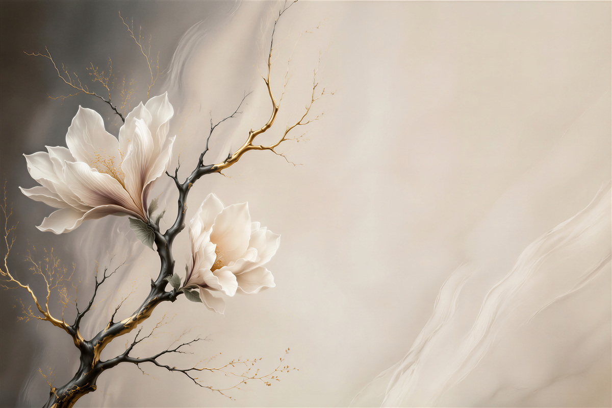 Papier peint magnolias sur branches noires avec accents dorés
