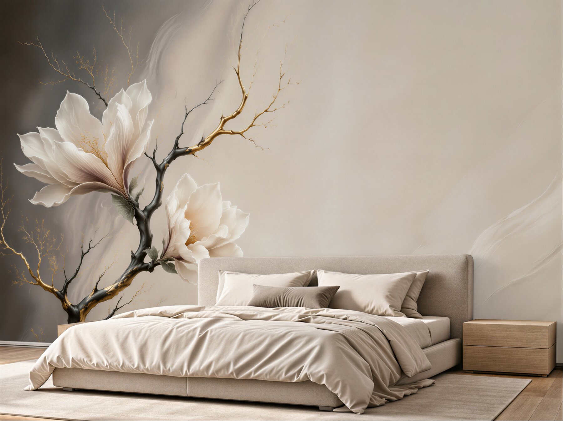 Papier peint magnolias sur branches noires avec accents dorés