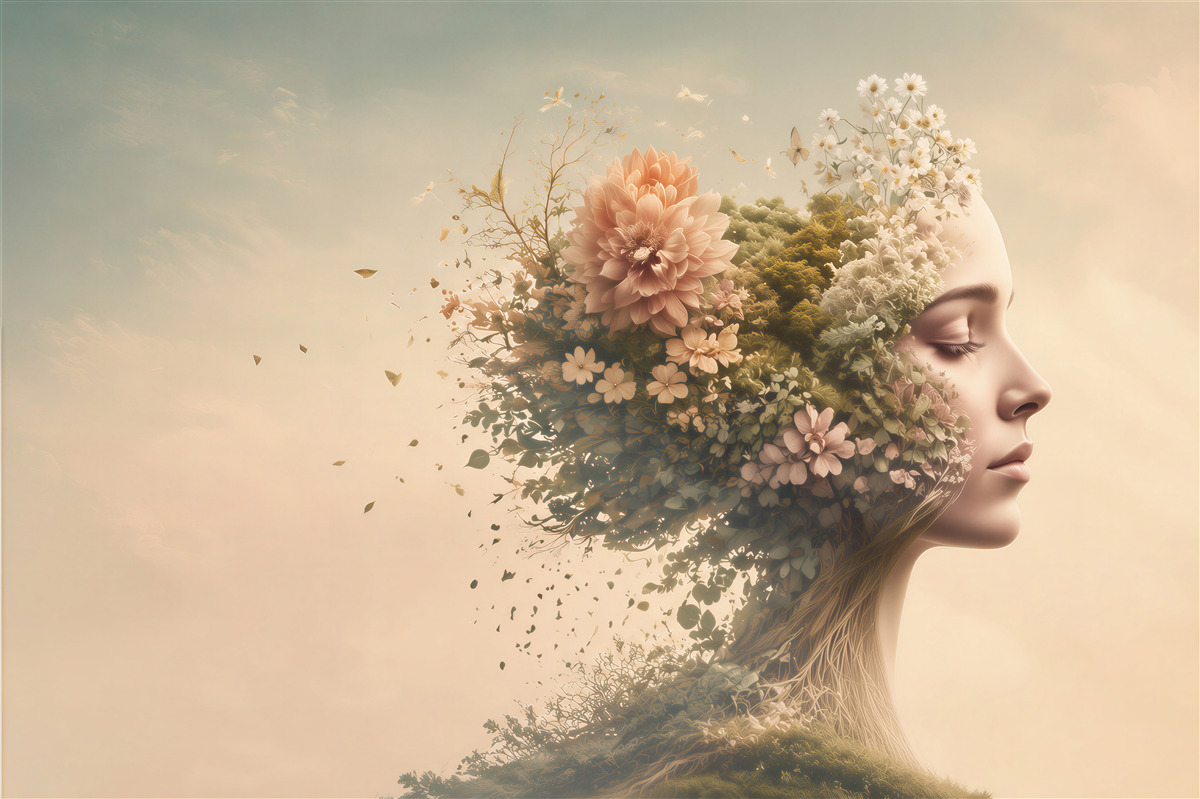 Papier peint femme avec fleurs et plantes dans un style surréaliste