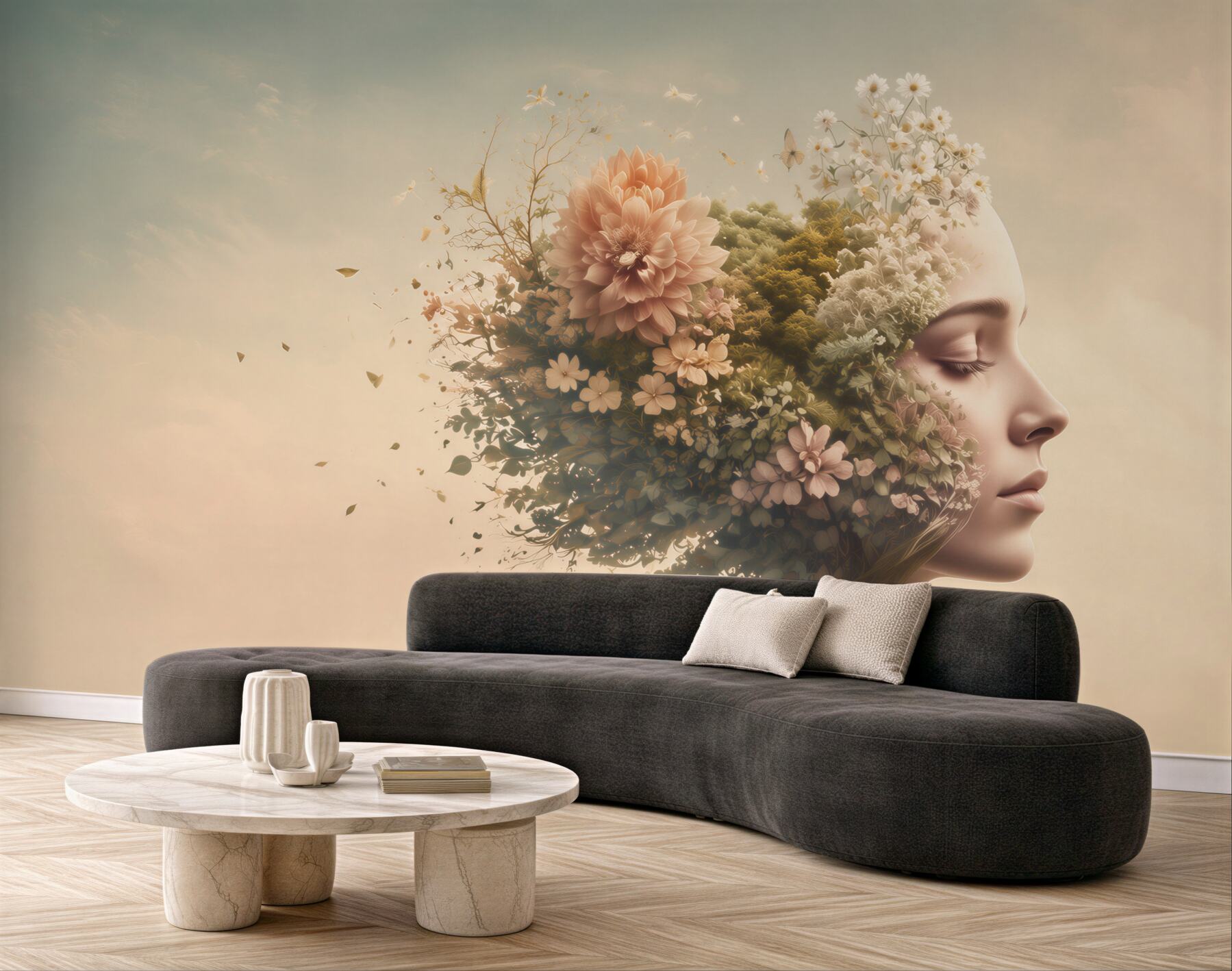 Papier peint femme avec fleurs et plantes dans un style surréaliste