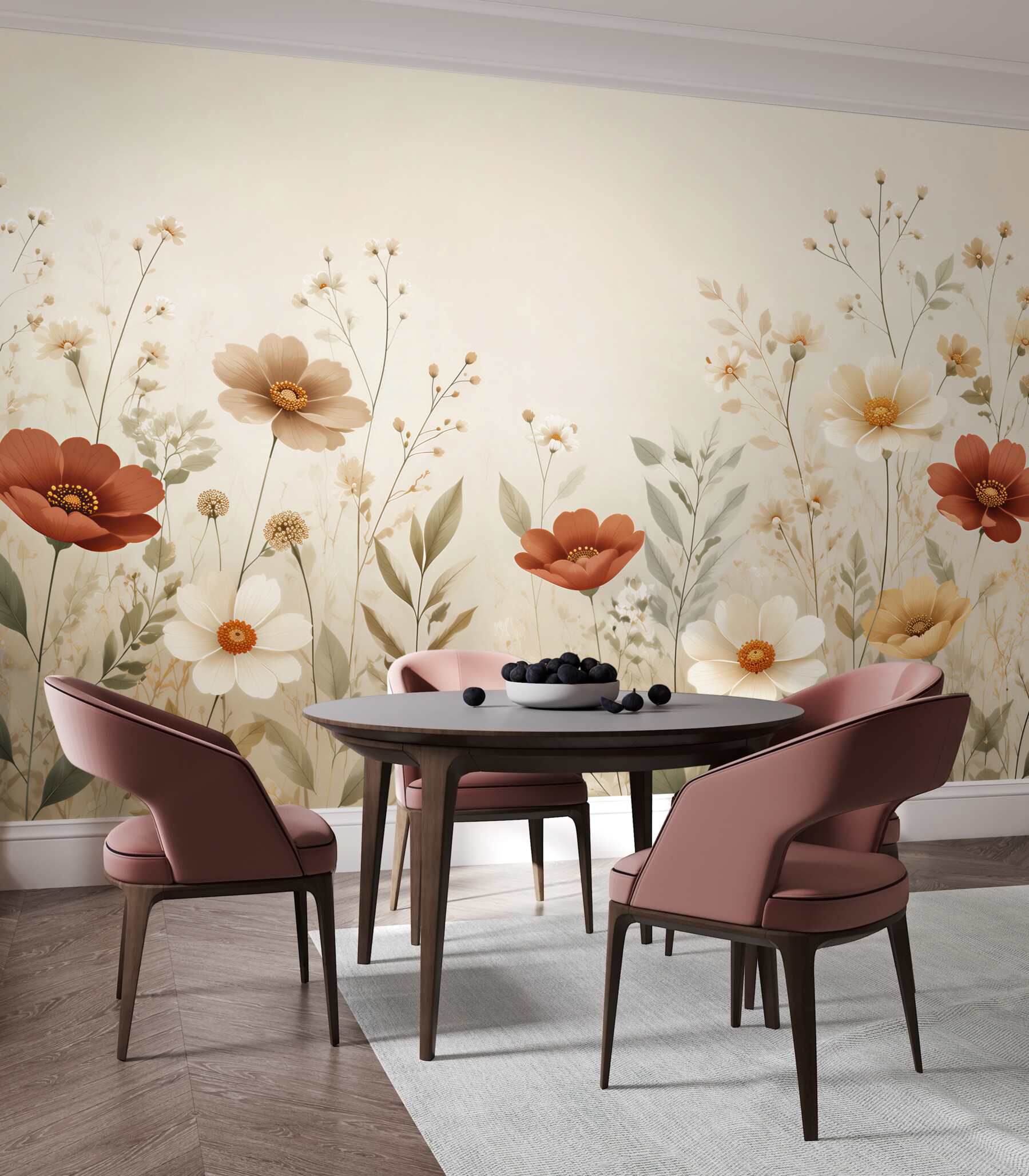Papier peint fleurs des champs en beiges et roux prairie délicate