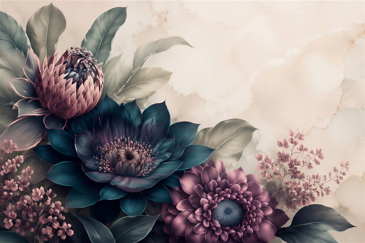 Papier peint fleurs exotiques sombres dans des nuances de bleu marine et de rose
