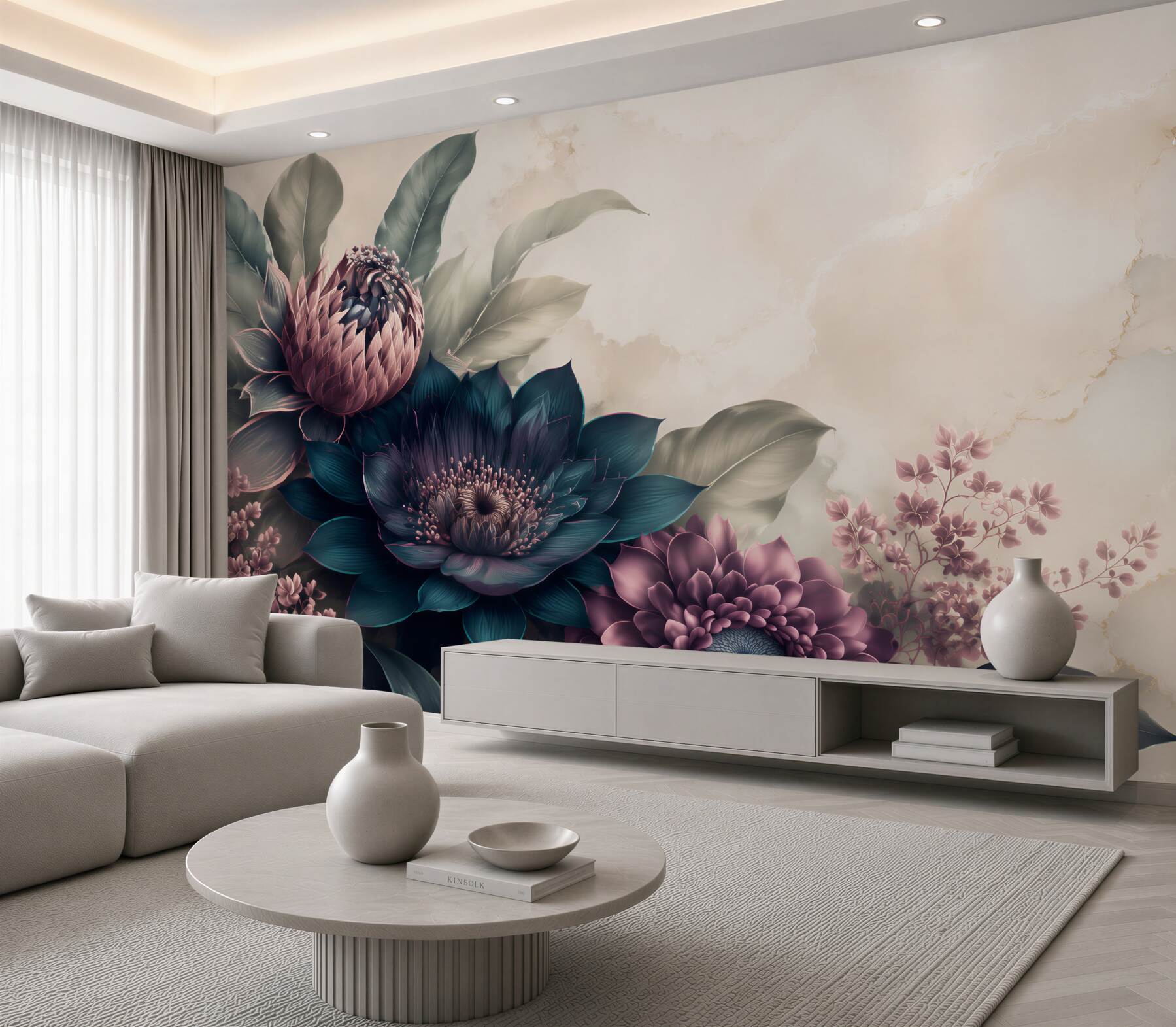 Papier peint fleurs exotiques sombres dans des nuances de bleu marine et de rose