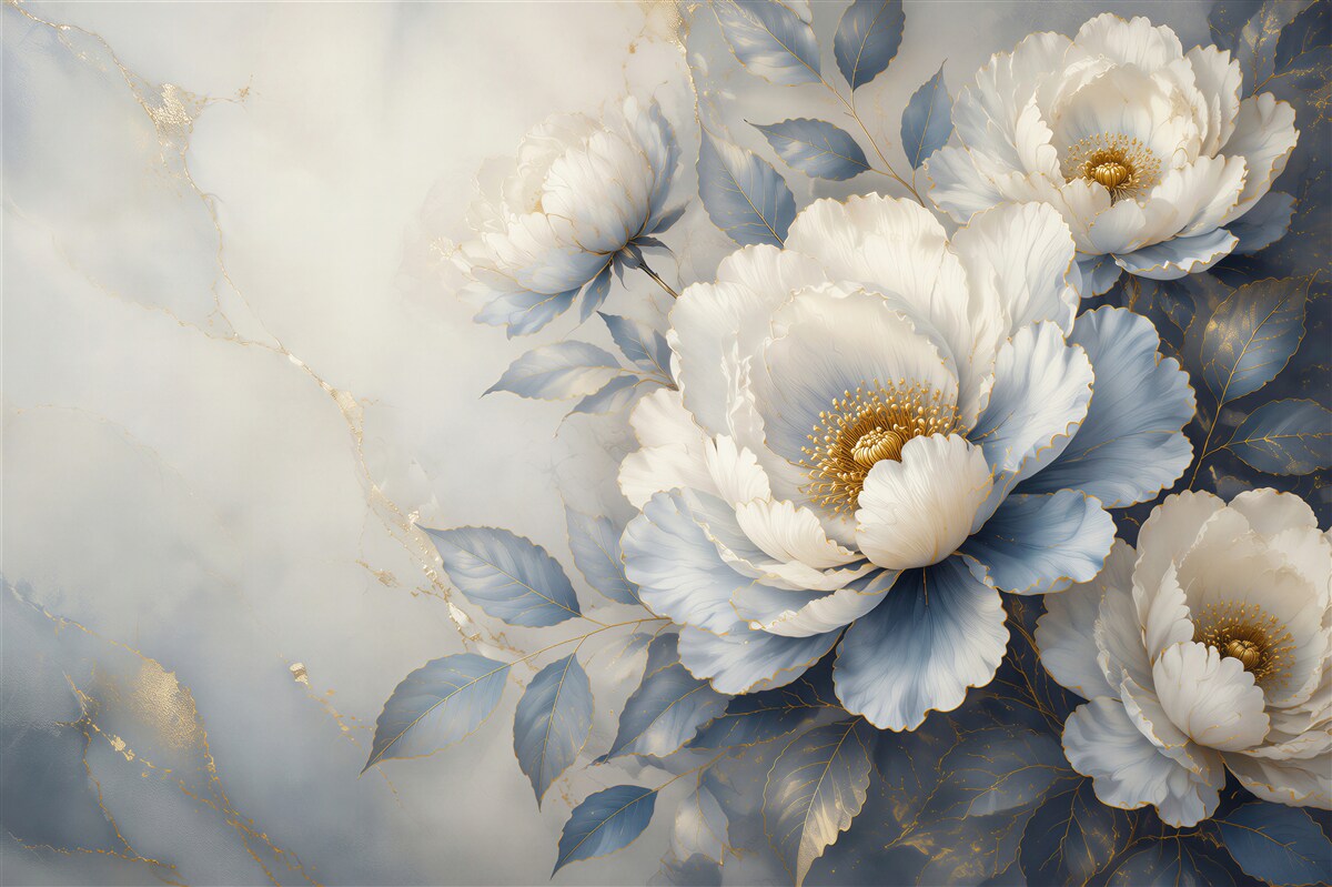 Papier peint pivoines bleu et blanc avec accents dorés élégants