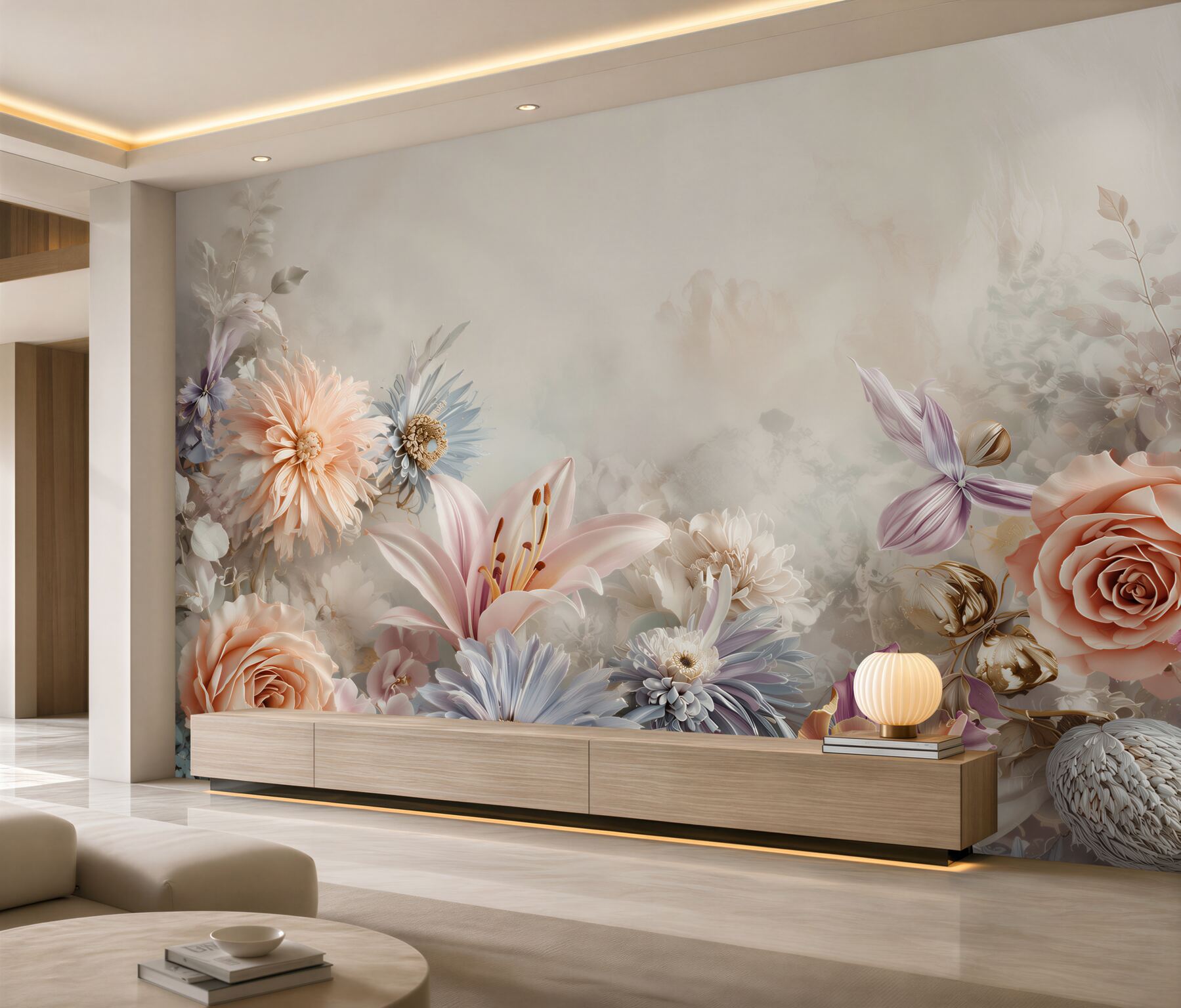 Papier peint lys pastel, roses et dahlias dans un style romantique