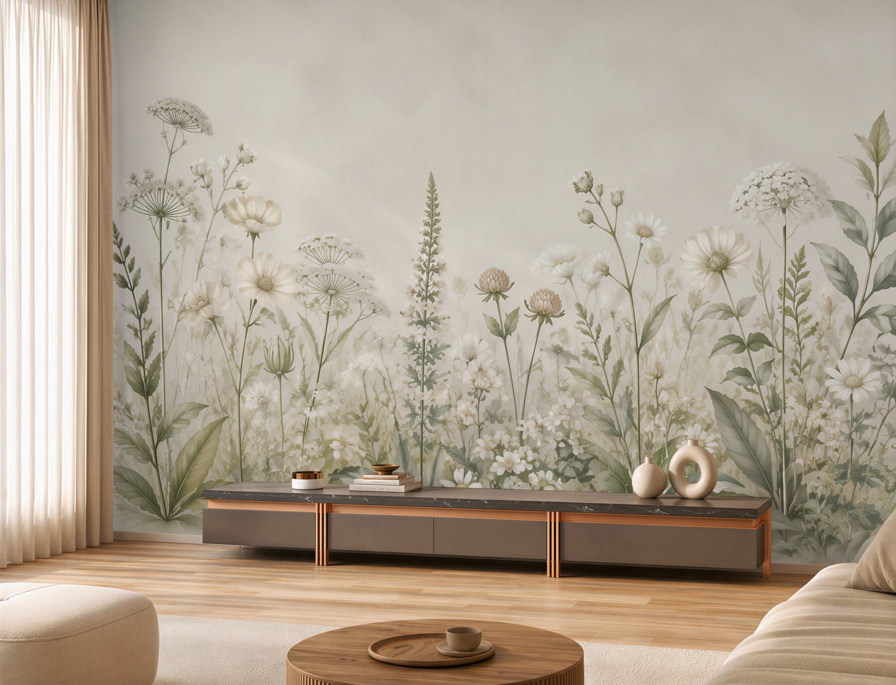 Papier peint fleurs des champs blanches sur fond beige minimaliste
