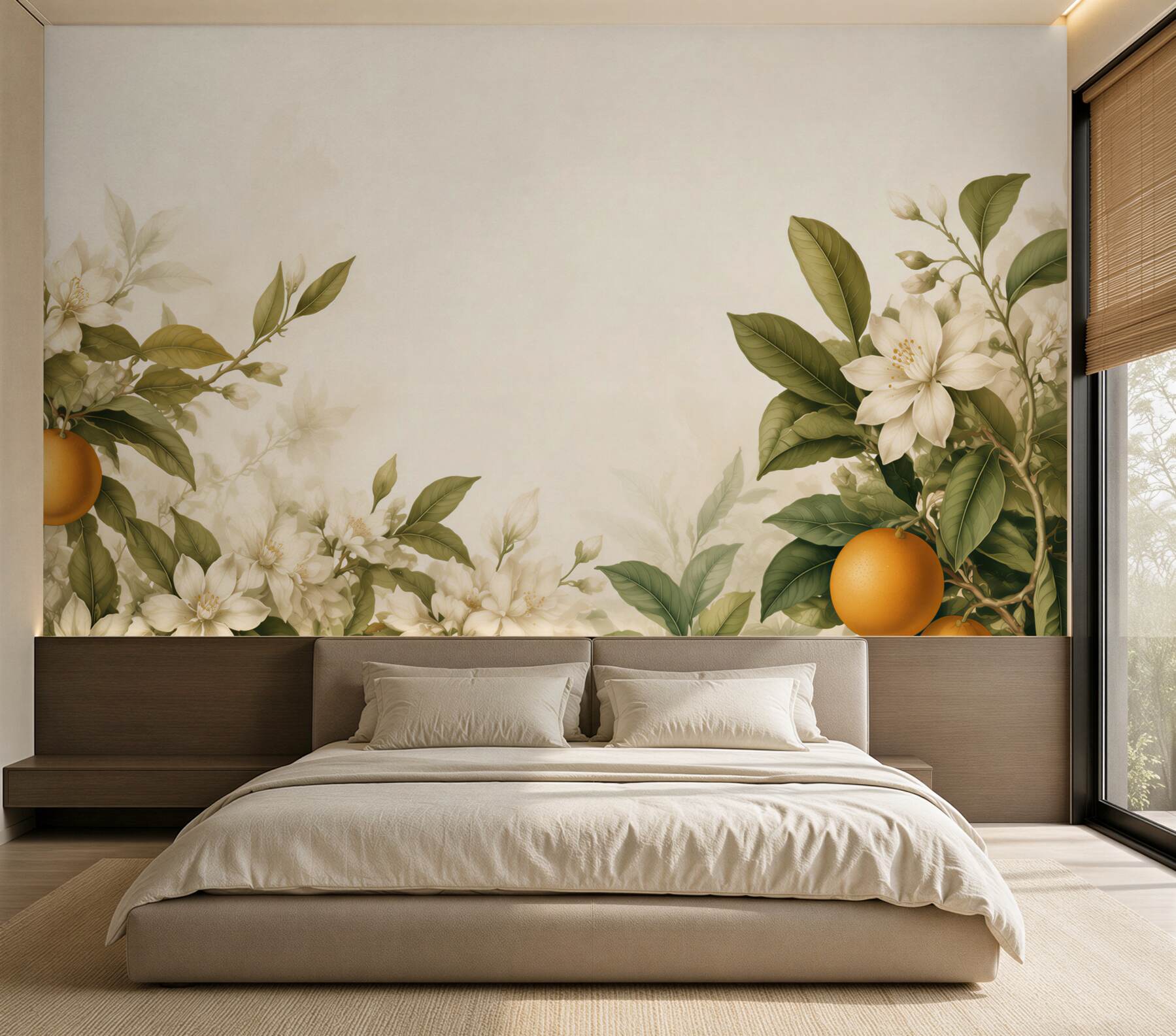 Papier peint oranges en fleurs et fleurs blanches d'agrumes