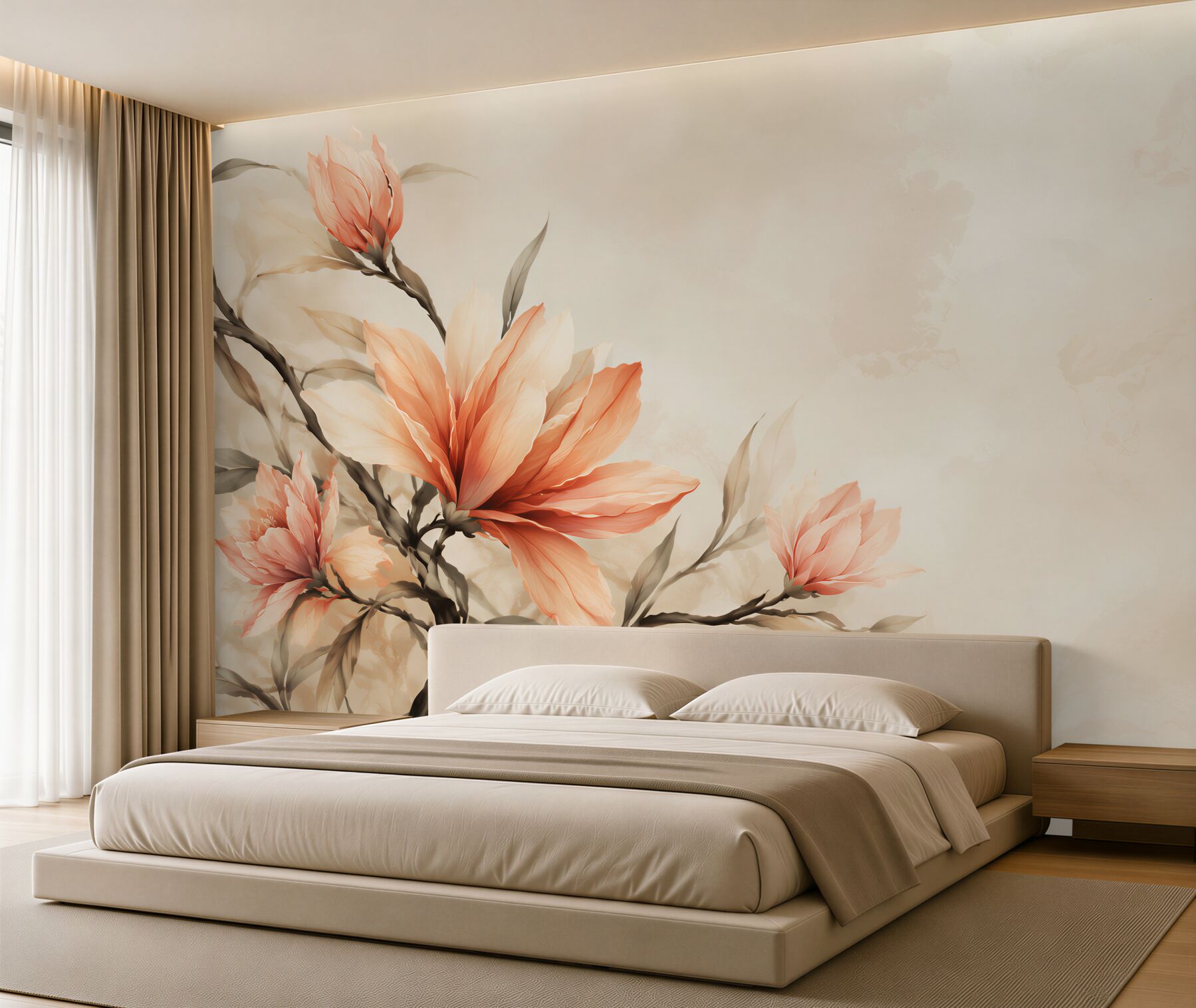 Papier peint magnolias corail sur branches moderne