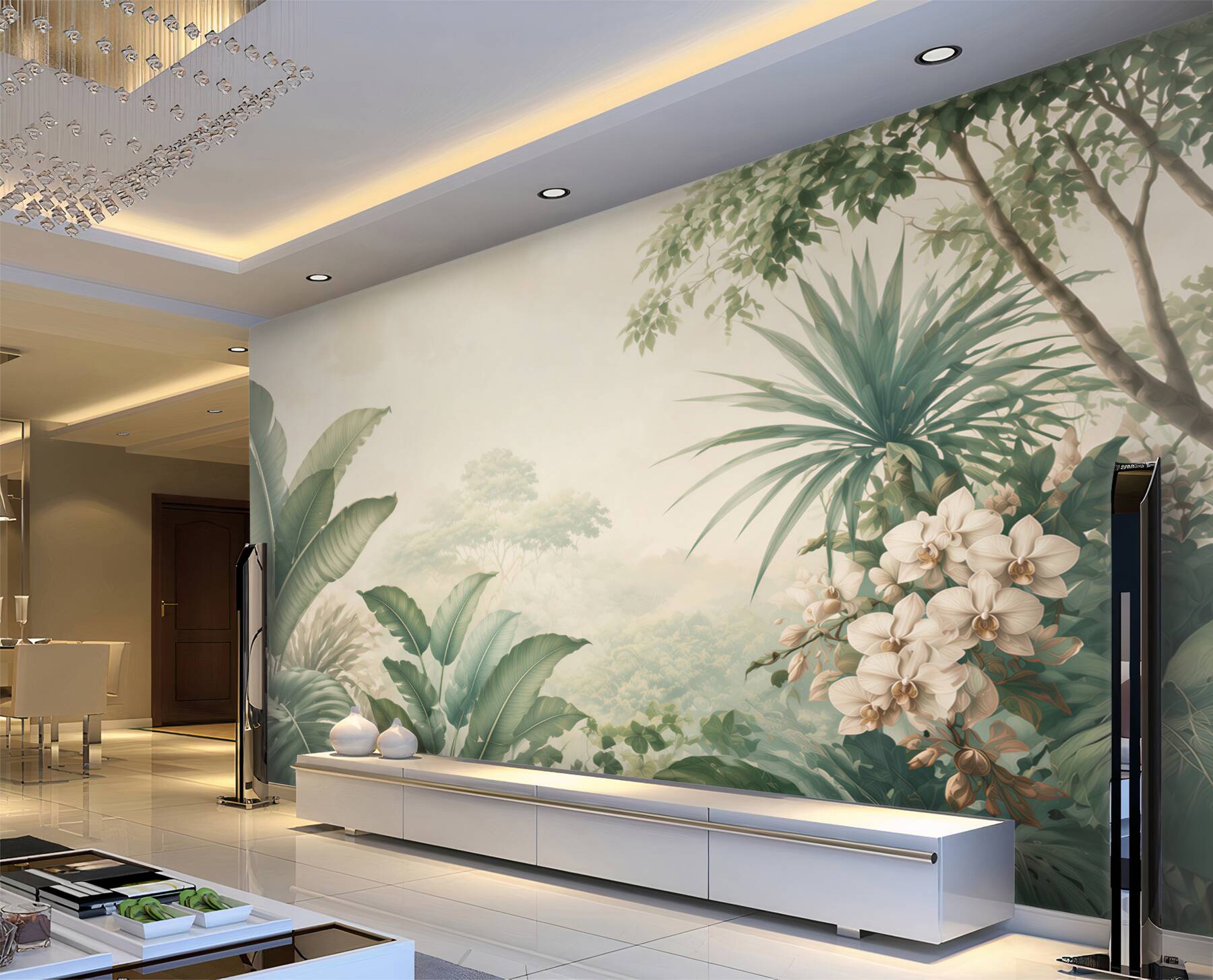 Papier peint feuilles tropicales et orchidées blanches dans un style botanique