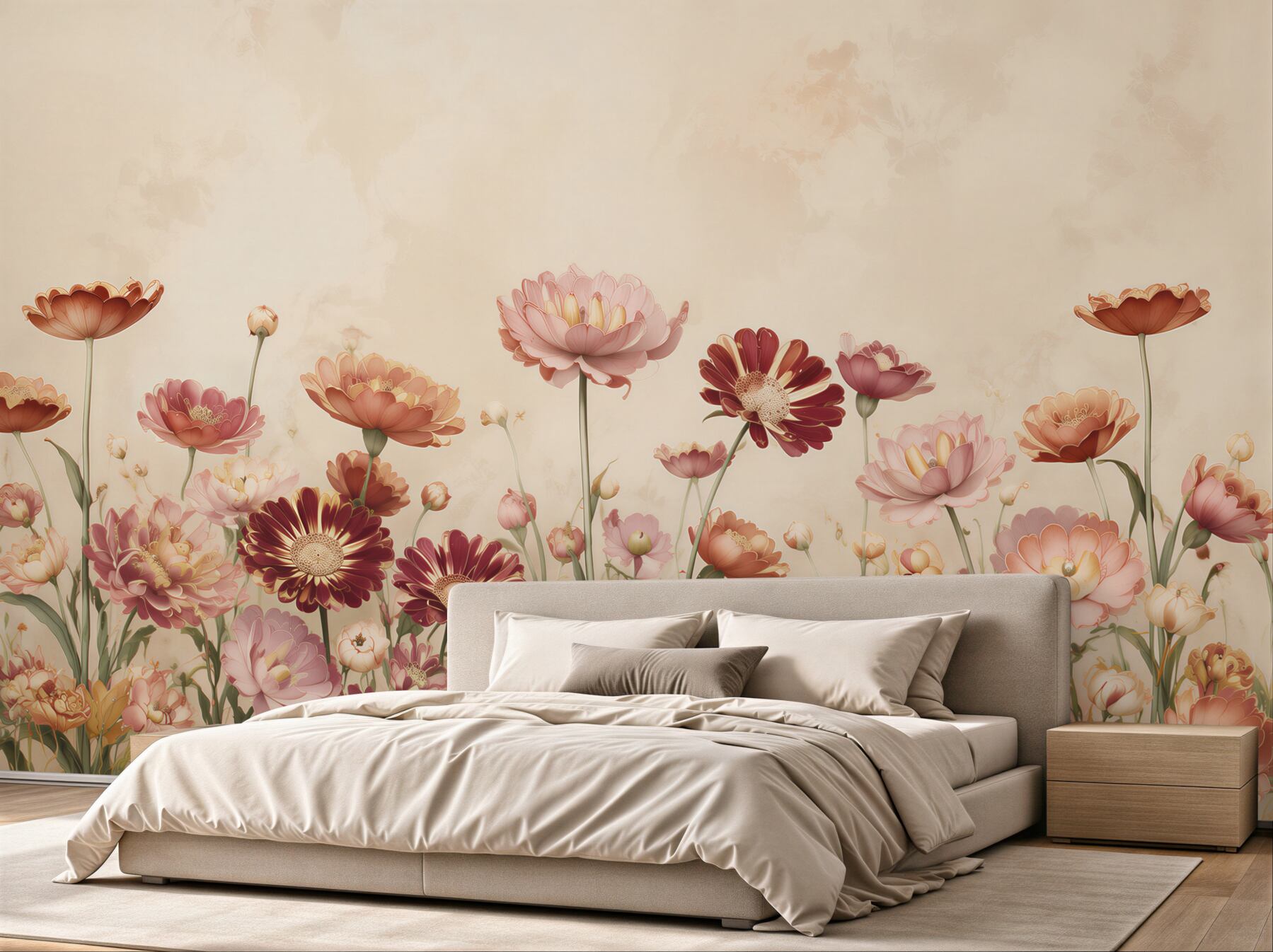 Papier peint prairie pastel avec fleurs roses pour un intérieur romantique