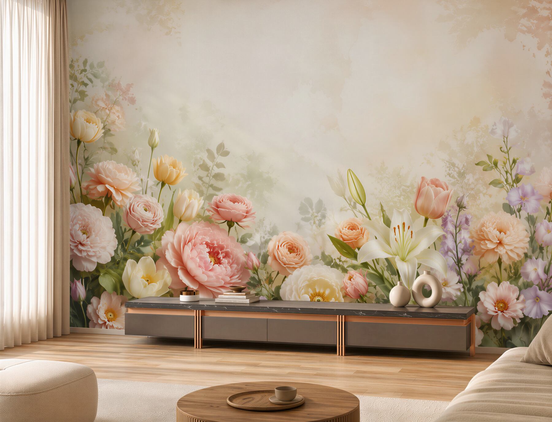 Papier peint prairie florale pastel avec pivoines et lys pour un salon clair