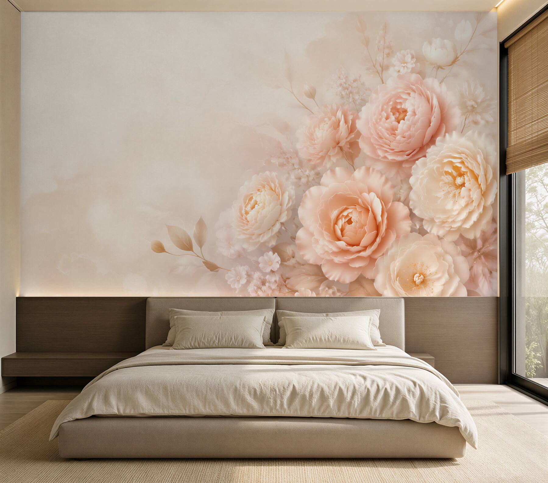 Papier peint fleurs crème et pêche pastel pour une chambre élégante