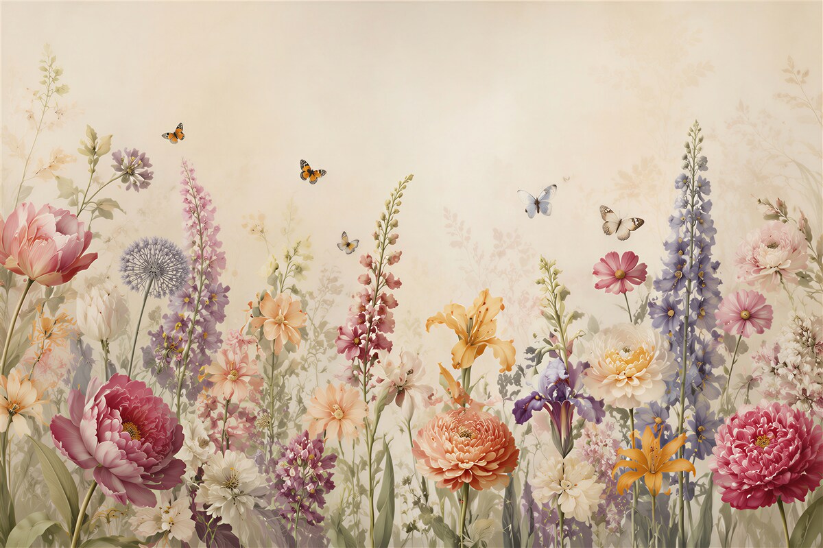 Papier peint prairie fleurie pastel avec papillons pour la chambre et le salon
