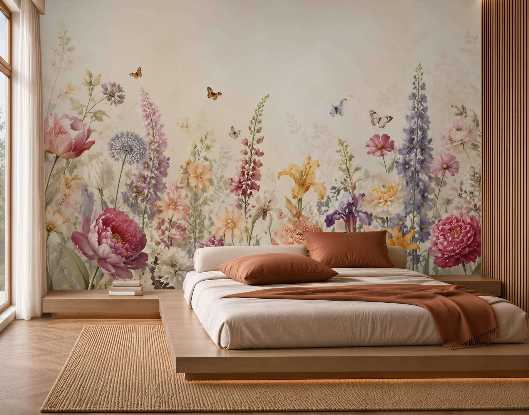 Papier peint prairie fleurie pastel avec papillons pour la chambre et le salon