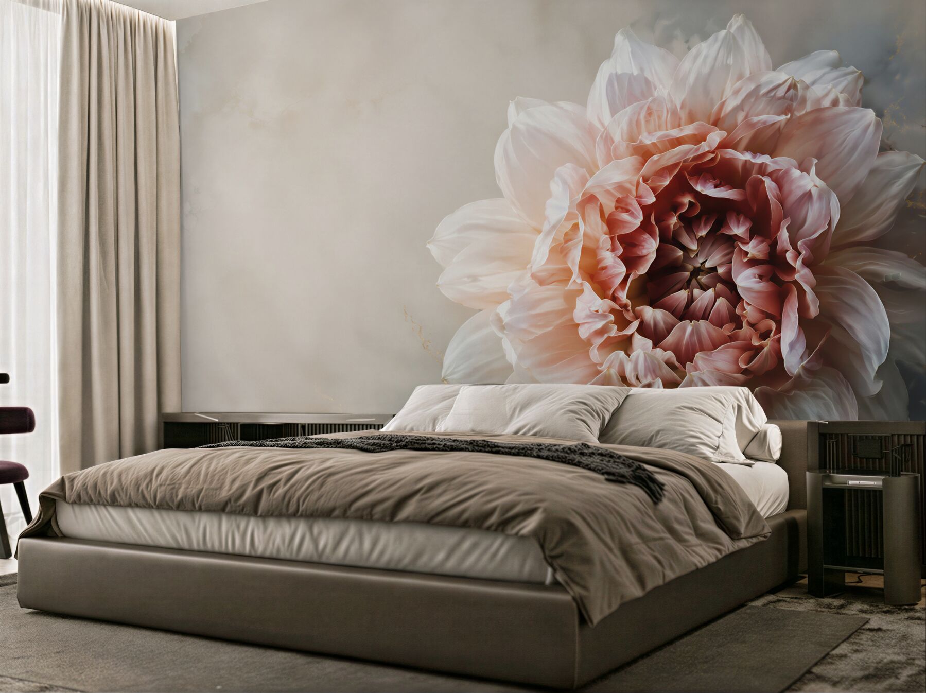 Papier peint grande fleur de pivoine beige poudré sur fond clair élégant