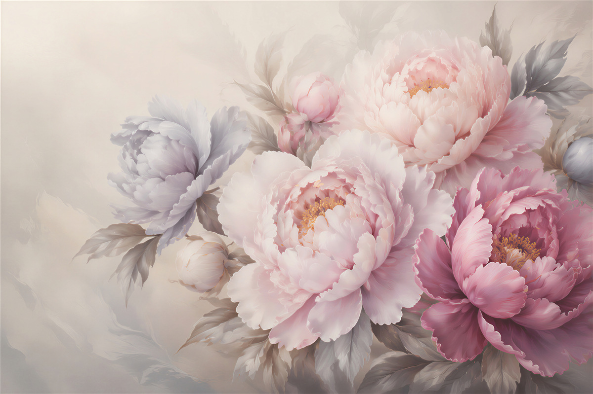 Papier peint pivoines roses et lilas romantiques sur fond clair