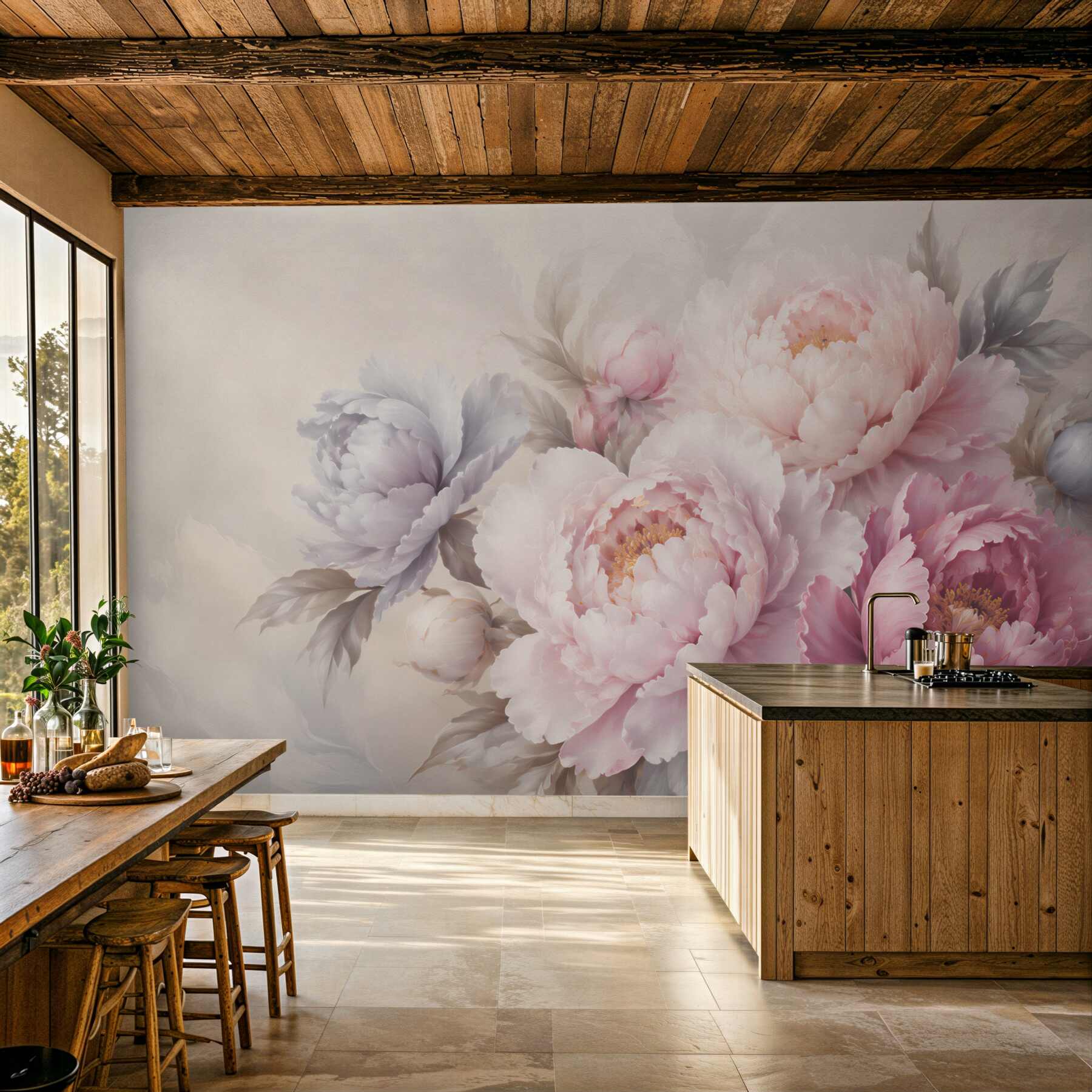 Papier peint pivoines roses et lilas romantiques sur fond clair