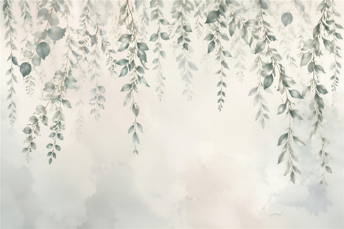 Papier peint branches suspendues d'eucalyptus vert sauge sur fond clair