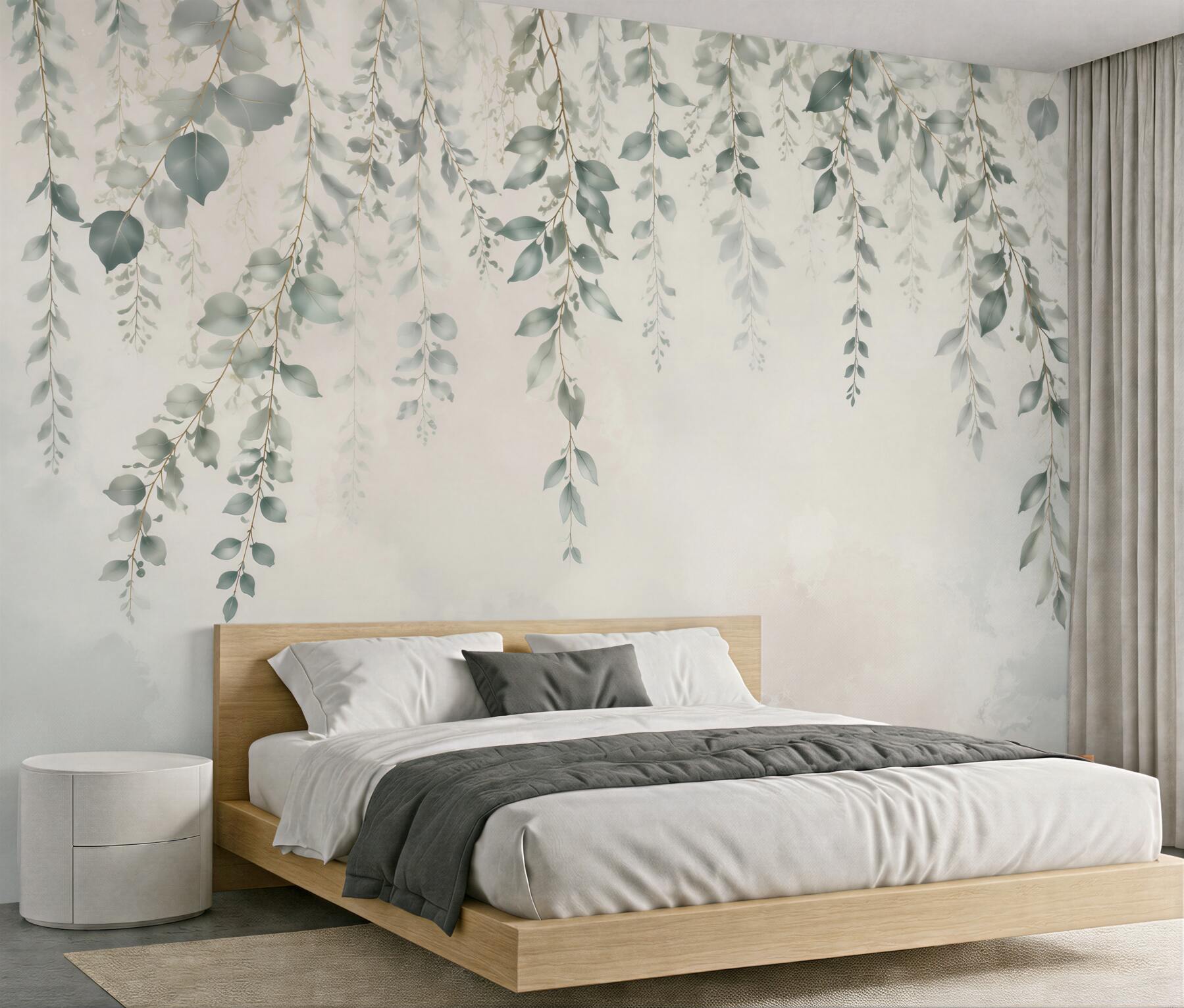 Papier peint branches suspendues d'eucalyptus vert sauge sur fond clair