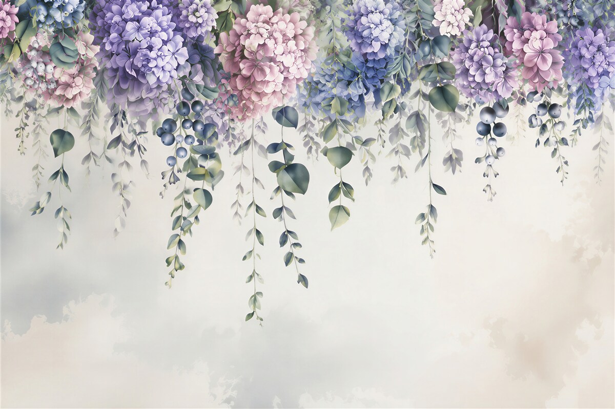 Papier peint hortensias suspendues lavande avec eucalyptus sur fond clair