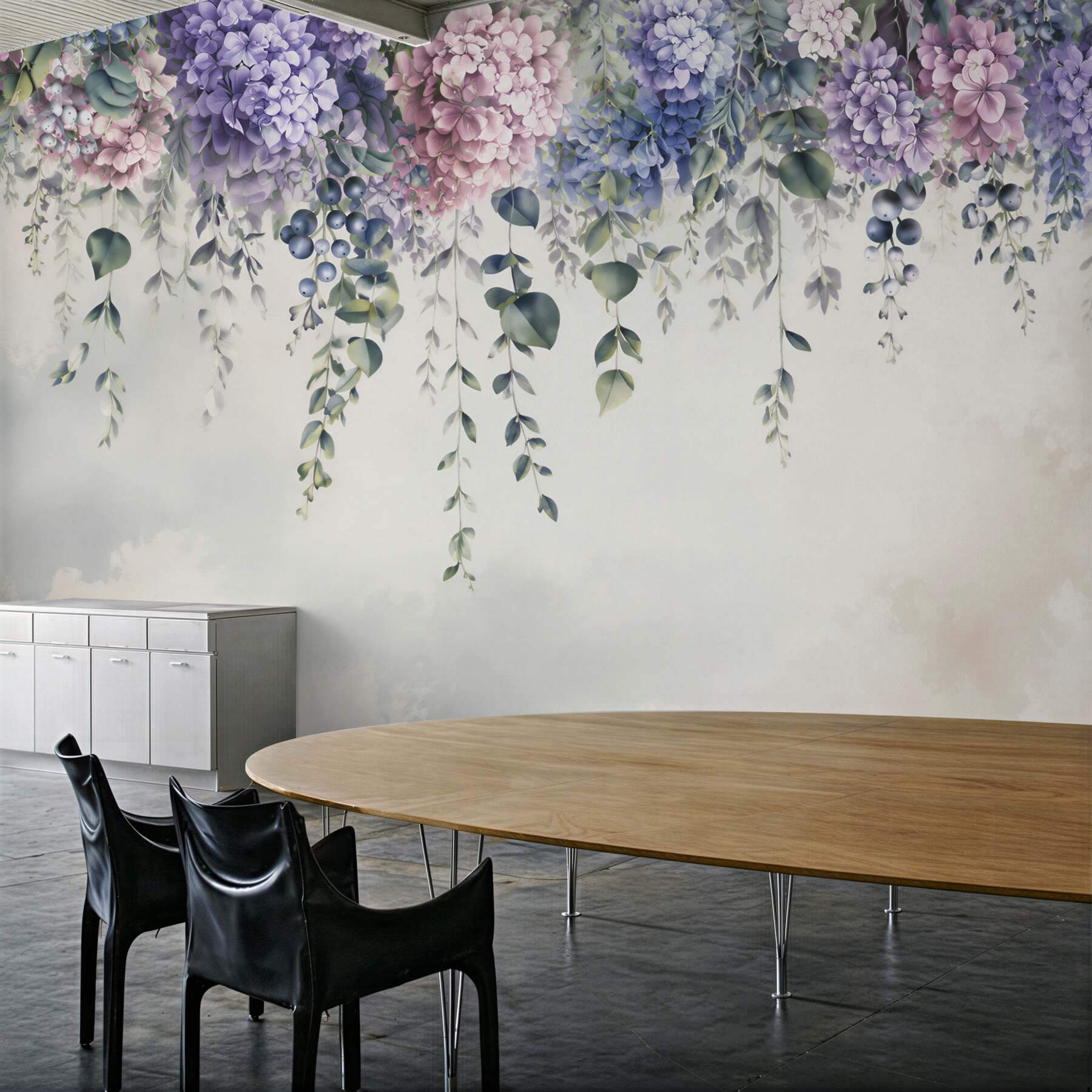Papier peint hortensias suspendues lavande avec eucalyptus sur fond clair