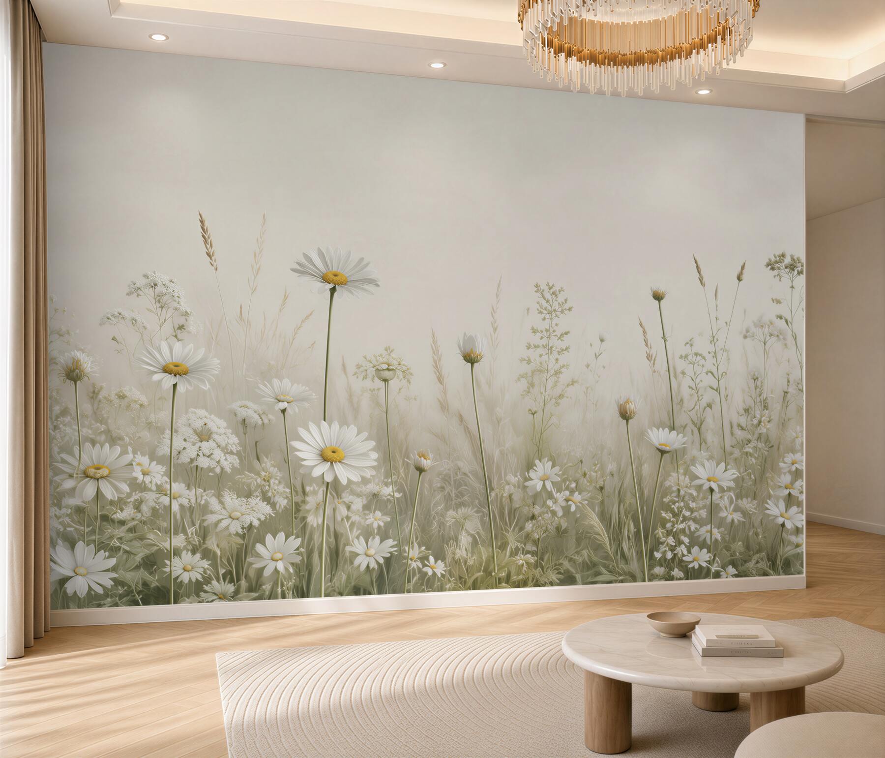 Papier peint marguerites sur un champ délicate composition blanche