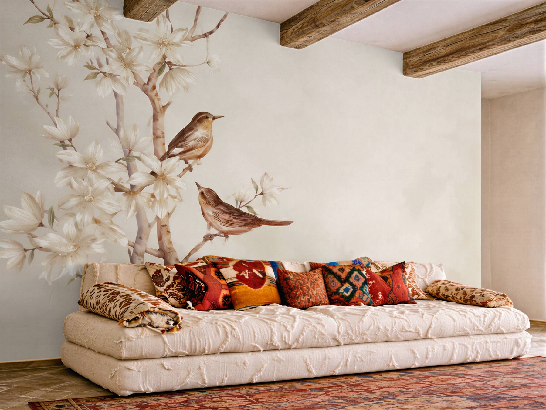 Papier peint oiseaux sur une branche de magnolia en beige pastel