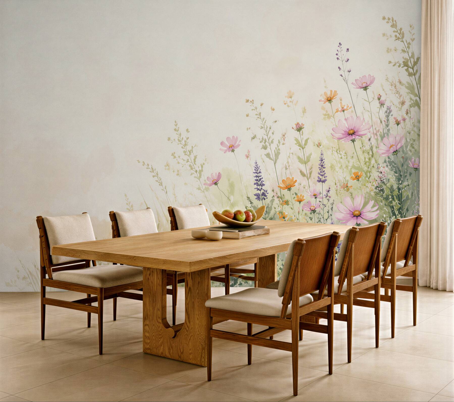 Papier peint prairie florale pastel avec cosmos roses