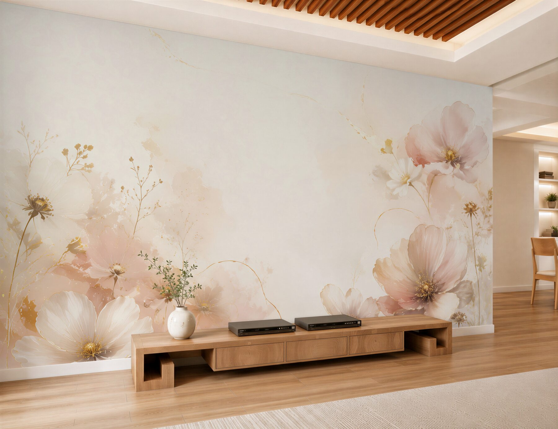 Papier peint fleurs beiges aquarelle avec détails dorés