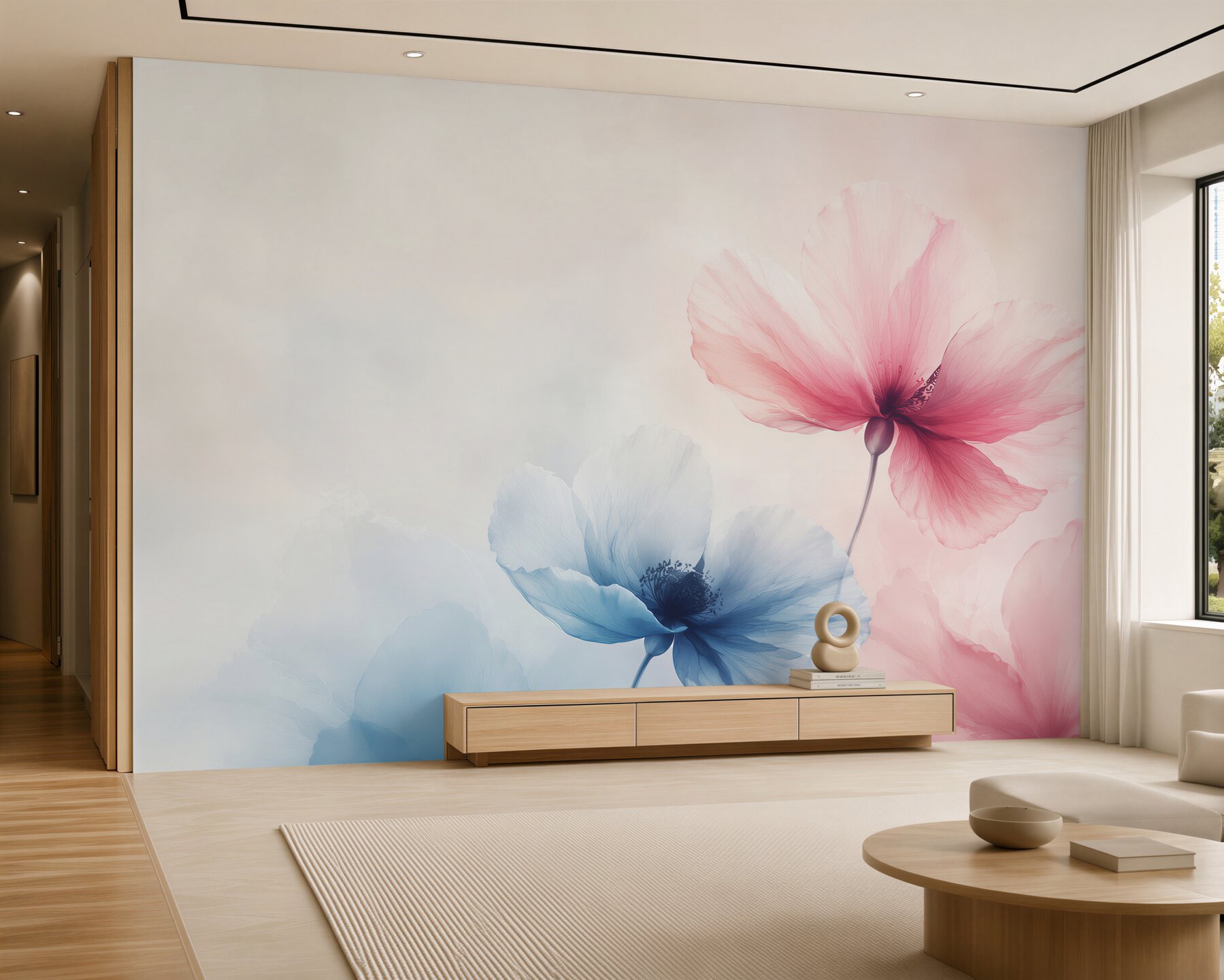 Papier peint coquelicots pastel roses et bleus sur fond clair