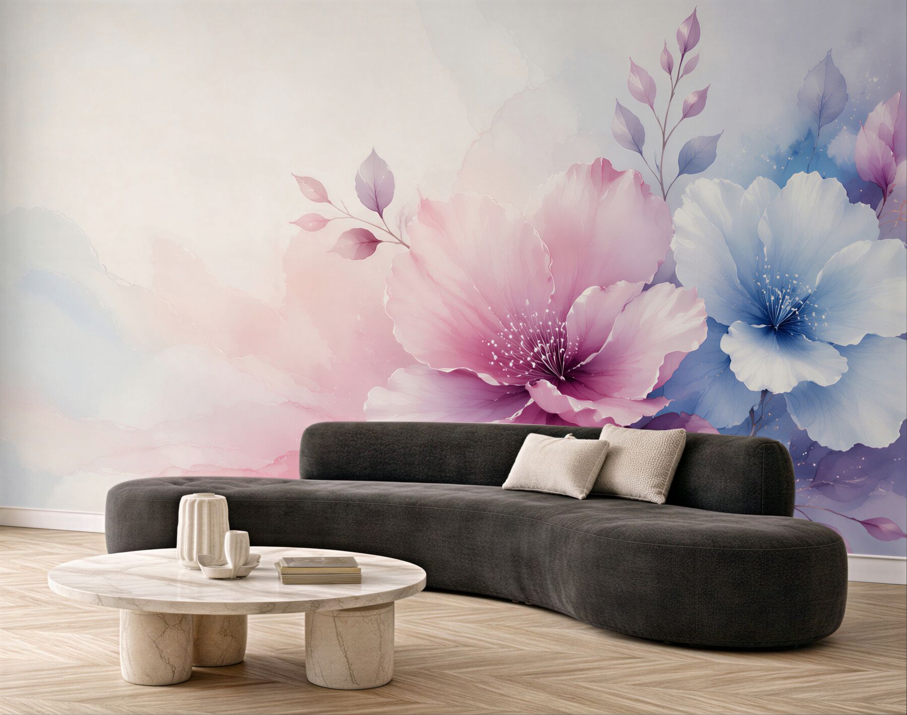 Papier peint grandes fleurs pastel roses et bleues élégantes