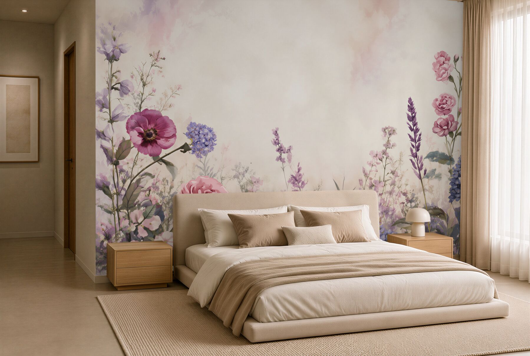 Papier peint fleurs de jardin pastel roses et violettes pour la chambre