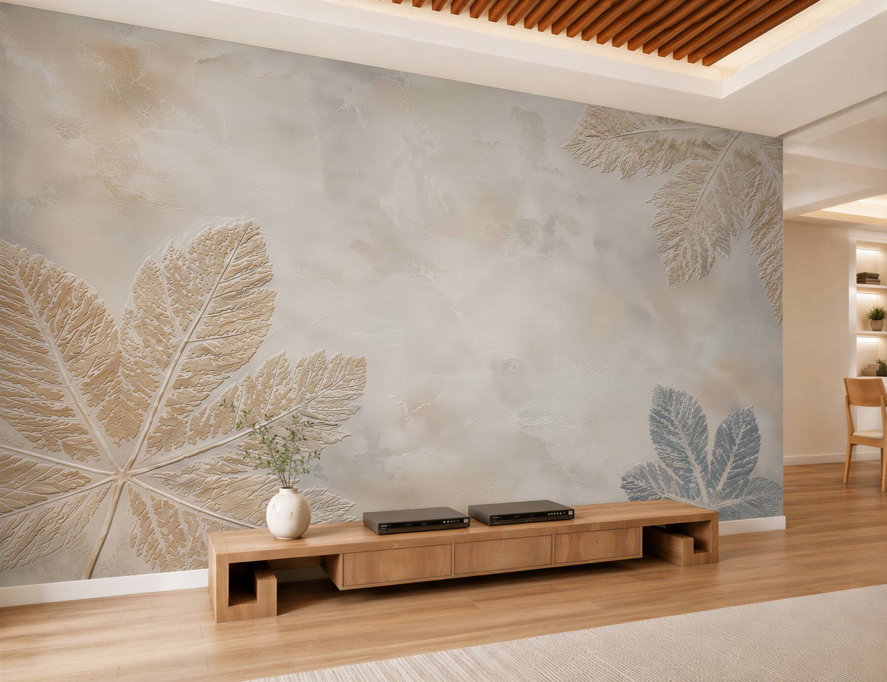 Papier peint feuilles gaufrées dans des tons beige et bleu décoration subtile